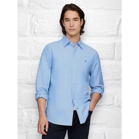 Tommy Hilfiger Men’s Large Pale Blue Button Down Poplin Long Sleeved Shirt •Flaw - Picture 1 of 14